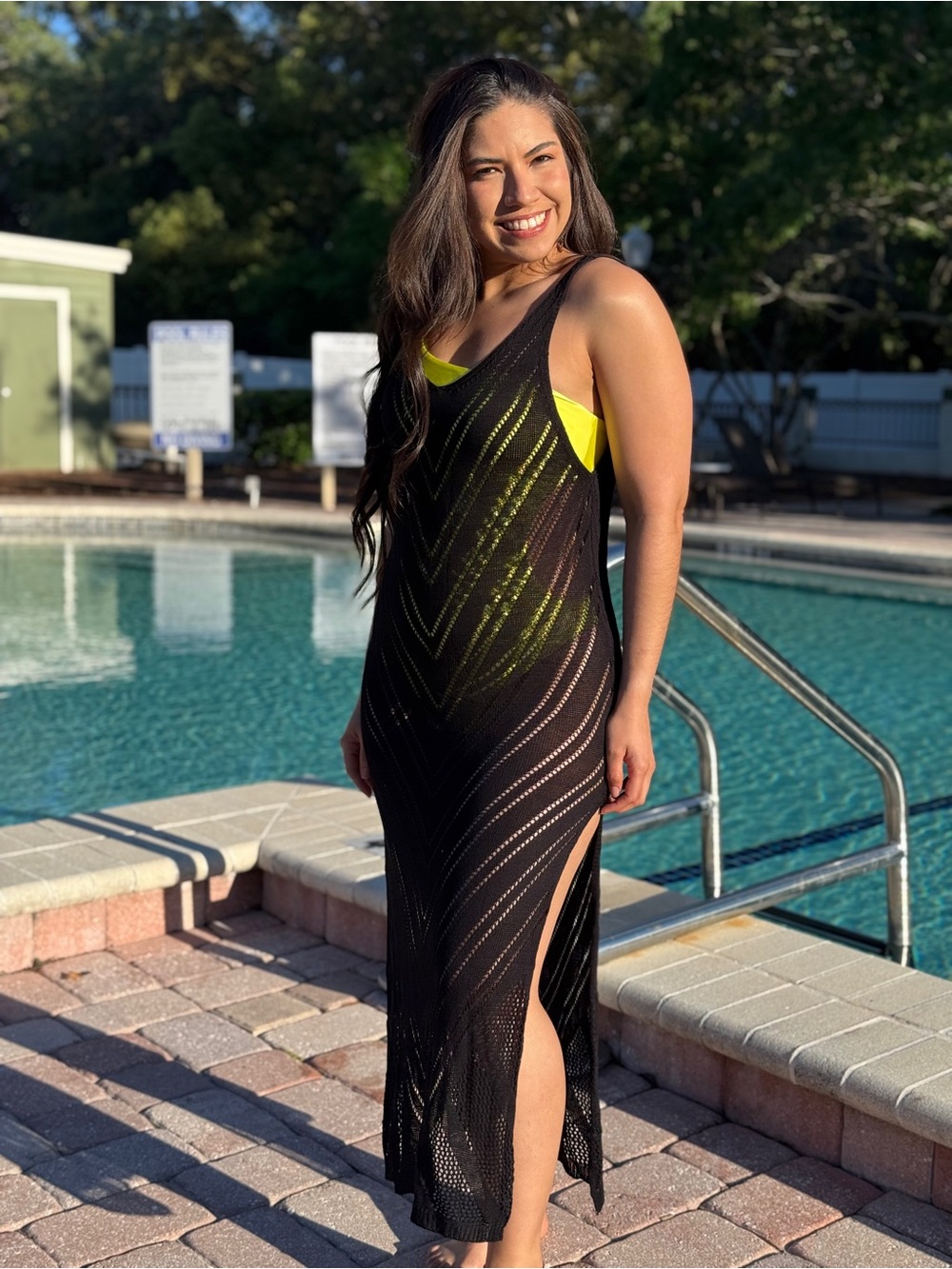 Black Sheer Maxi Swim Cover-Up Dress with Yellow Accent